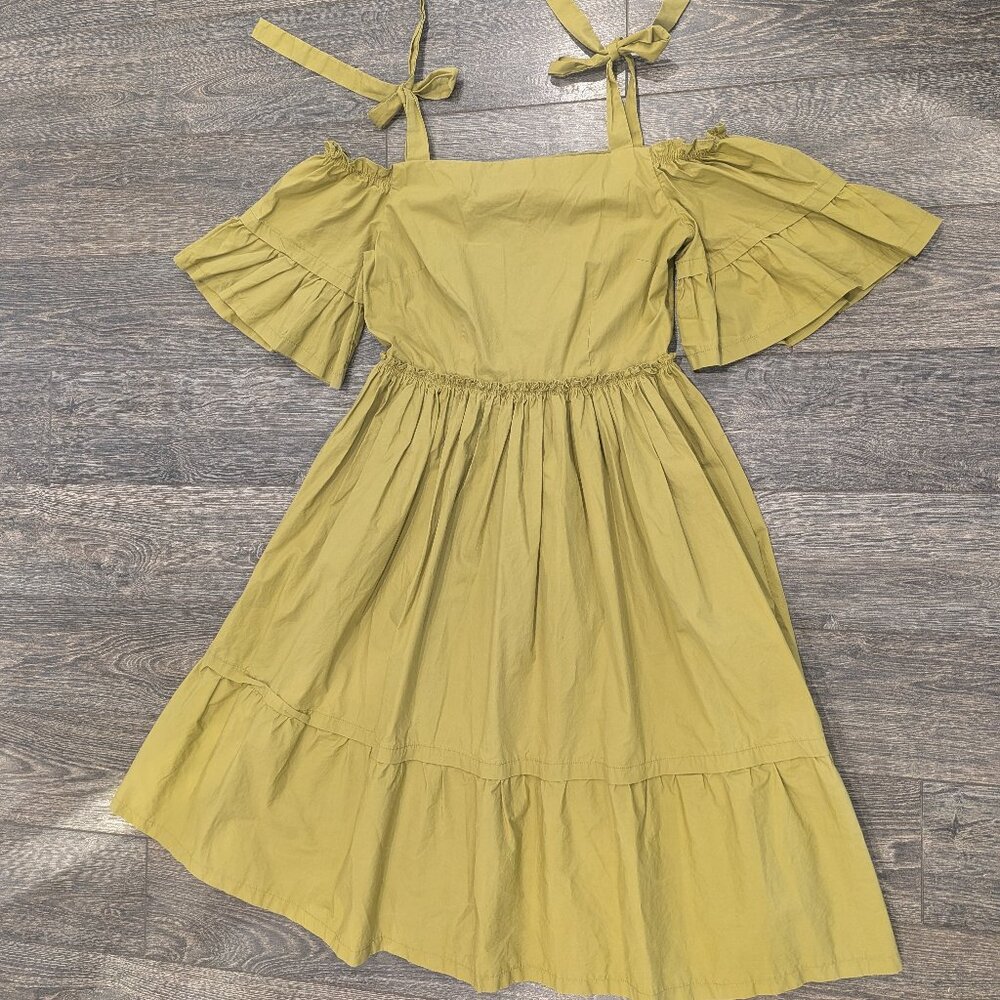 INA (i:na) Green Dress 100% Cotton Midi Size Large, Off the shoulder, tie sleeve